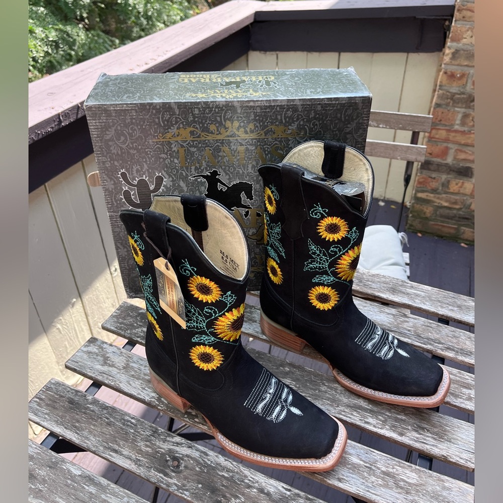Tony Lama Black Boots with Sunflower Design